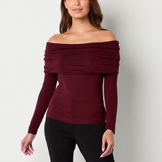 Crafted from soft, stretch-jersey, this Worthington women's blouse features a regular-fit, a chic off-the-shoulder neckline that beautifully frames your collarbone, and long fitted sleeves. Style it with tailored trousers and heels. Closure Type: Pullover HeadFit: Regular FitSleeve Length: Long SleeveSleeve Style: Off Shoulder SleeveApparel Length: 19 InchesFiber Content: 95% Lenzing Ecovero Viscose, 5% SpandexFabric Description: JerseyCare: Tumble Dry, Machine WashCountry of Origin: Imported Fall Off-shoulder Red Tops, Red Off-shoulder Tops For Fall, Fall Season Red Off-shoulder Tops, Solid Color Off-shoulder Top For Party, Solid Off-shoulder Tops For Party, Solid Long Sleeve Tops For Date Night, Solid Off-shoulder Party Tops, Long Sleeve Tops For Date Night, Red Off-shoulder Top For Night Out