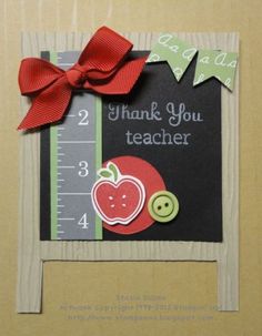 a teacher's appreciation card with a red bow and apple on the front, which reads thank you teacher