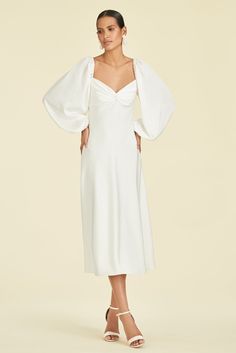 Long Sleeve Rehearsal Dinner Dress, White Flowy Long Sleeve Midi Dress, Chic Off-white Midi Length Dress, White Midi Dress With Pleated Lantern Sleeves, White Billowy Midi Dress With Gathered Sleeves, White A-line Midi Dress With Gathered Sleeves, Wedding Dress Size 10, Camilla Dress, Latest Clothing Trends