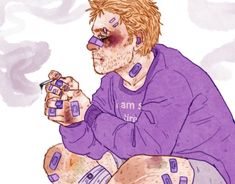 a blond-haired man called clint barton, sitting and smoking, his expression concerned and sad, his face, hands and legs covered in bandaids. he has a purple sweatshirt on that says ''i am so tired''. Hawkeye Show, Dc House, Weird People, Spider Men, Marvel Men, Spiderman Spider, Rp Ideas