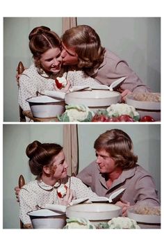 two pictures of a man and woman sharing a bowl of food with each other while sitting at a table