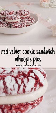 red velvet cookie sandwich whoope pies on a plate