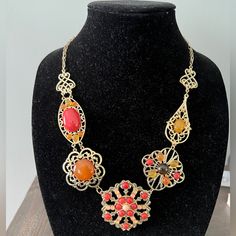 Gold Tone Necklace And Earrings.Never Worn.Please Note Some Pieces Might Be Tarnished Or Scratched.Please Look Closely At Pics And Ask Any Questions You May Have.Clean Before You Wear Always. Orange Jeweled Jewelry As Gift, Orange Jeweled Jewelry For Gift, Luxury Orange Jeweled Jewelry As Gift, Elegant Orange Jeweled Jewelry, Heart Pendent, Crystal Statement Necklace, Party Necklace, Silver Heart Pendant, Necklace And Earring Set