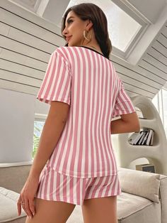 Elevate your style with our Striped And Slogan Graphic Bow Front Shorts Set. Experience comfort and fashion in this 2-piece ensemble, boasting unique striped patterns, short sleeves, and a charming bow detail. Crafted from a knitted fabric blend with a slight stretch, its regular fit and contrast binding ensure a flattering look. Effortlessly amazing, this set is machine washable for your convenience. Redefine casual elegance today! Features: Pattern Type: Striped, Slogan Type: Short Sets Detail Striped Summer Loungewear Sets, Striped Cotton Short Sleeve Sleepwear, Striped Loungewear Sets For Summer, Striped Sets For Summer Loungewear, Striped Sets For Spring Loungewear, Striped Sleepwear For Vacation, Casual Striped Short Sleeve Sets, Striped Short Sleeve Sets For Spring, Casual Striped Pajama Party Sets