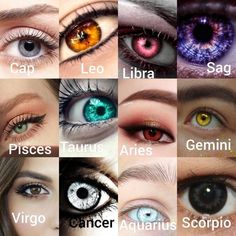 many different colored eyes with their names in each eyelide and the words zodiac on them