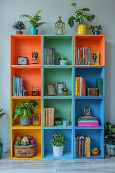 colorful bookshelves with plants and other items on them in a living room area