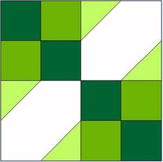 a green and white patchwork quilt pattern with squares in the center, diagonals on each side