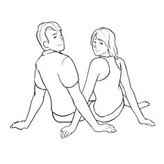 a man and woman sitting on the ground with their backs to each other, facing opposite directions