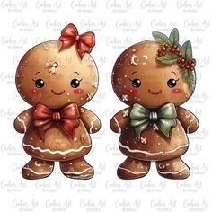 two gingerbreads with bows are standing next to each other