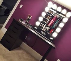 Makeup corner dark wall/black vanity by @breprice on IG featuring her #blackbroadway table top $399 Makeup Forever Foundation, Makeup Corner, Ikea Makeup Vanity, Desk Vanity, Makeup Vanity Lighting, Makeup Station