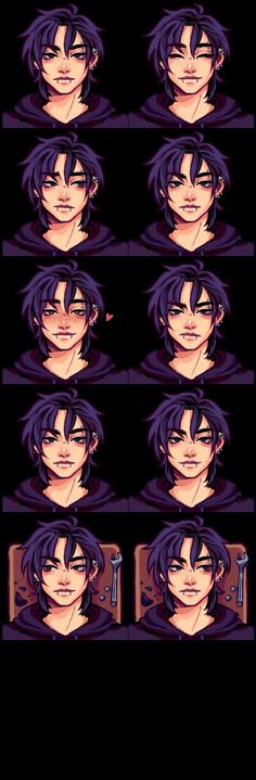 an anime character's face with different facial expressions and hair styles, all in purple