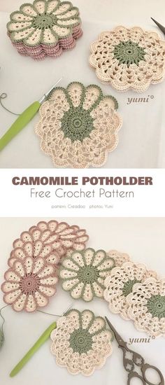 crocheted flower potholders are shown with scissors