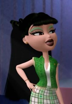 an animated image of a woman in a green and white dress with her hands on her hips