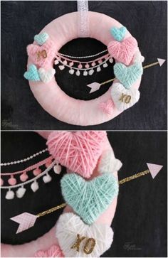 two pictures showing how to make a heart wreath