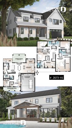 two story house plan with 3 car garage and living room, attached to the second floor