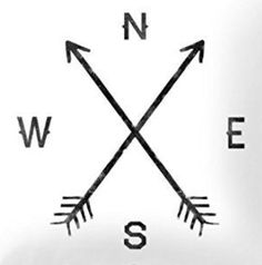 a compass with two arrows on it and the letter s in black ink is shown