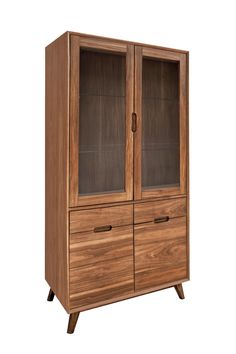 a wooden cabinet with glass doors and two drawers