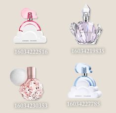 four different perfume bottles with the same price label on them, all in different colors