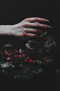 a person's hand reaching for berries on a black surface with red and green leaves