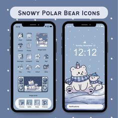 two iphones with snow polar bear icons on the screen and below them is an image of