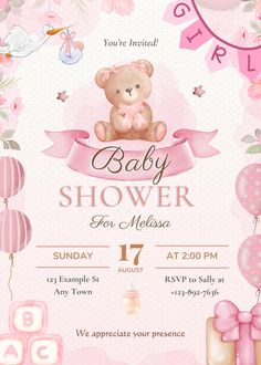 baby shower card with teddy bear and balloons in pink tones, on a white background