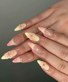 Almond Fairy Nails, Jelly Flower Nails, Nail Inspiration Summer 2024 Almond, Nail Inspiration Summer 2024, Apres Gel X Nails Design, Yellow Pink Nails, Hibiscus Flower Nails