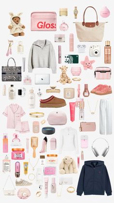 a collage of pink and white items