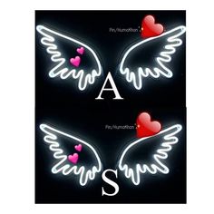 two neon signs with hearts and wings in the shape of an angel's wings