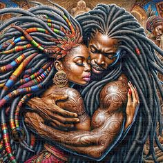 an image of a woman hugging a man with dreadlocks on his face and chest