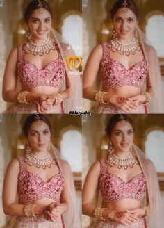 four different pictures of a woman in a pink lehenga with pearls on her neck