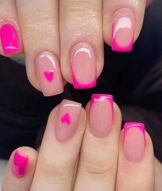 Barbie Hot Pink French tip nails with heart accents summer nails barbie nails square nails short Valentine Nails Pink, Do It Yourself Nails, Barbie Pink Nails, Pink Tip Nails, Pink French Nails, Kids Nail Designs, Barbie Nails, Simple Gel Nails, Asos Fashion