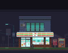 an illustration of a fast food restaurant at night with neon lights on the front and side windows