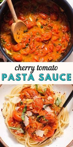 two pictures with different types of pasta in them and the words cherry tomato pasta sauce