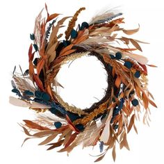 a wreath with feathers and beads on it