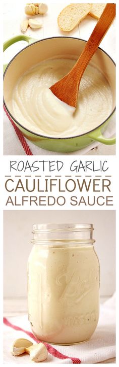 two images showing how to make roasted garlic cauliflower alfredo sauce