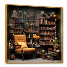 an old fashioned chair in front of a bookshelf filled with plants and vases