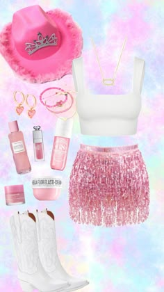 the contents of a pink and white outfit including boots, necklaces, bracelets