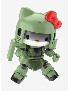 a green hello kitty robot with a red bow on it's head and eyes