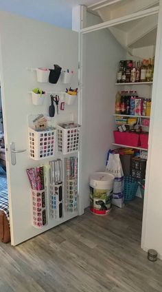 the pantry is organized and ready to be used as a storage area for craft supplies