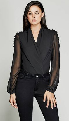 The Natalie Bodysuit | MARCIANO.com Woman In Black, All Black Outfit, Womens Fashion Trends, Fashion Tops, Look Fashion, Blouse Designs, Work Outfit