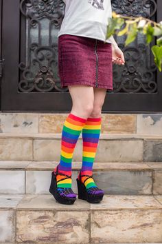 Classic six color rainbow striped knee socks bring a retro vibe to any outfit! These comfy socks have great stretch, so more people can wear them with pride! Fitted Striped Knee-high Socks, Retro Multicolor Cotton Socks, Fitted Multicolor Cotton Socks, Playful Multicolor Knee-high Socks, Multicolor Thigh High Casual Socks, Stretchy Multicolor Trendy Knee-high Socks, Multicolor Stretch Knee-high Socks, Multicolor Casual Thigh-high Socks, Trendy Multicolor Stretch Knee-high Socks