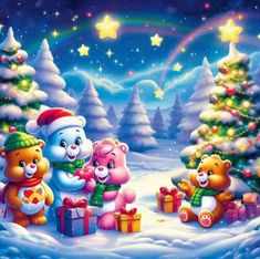 three teddy bears standing in front of a christmas tree with presents under the rainbow light