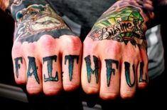 a man with tattoos on his hands and the words faithful written in black ink