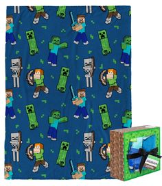 an image of a blue blanket with minecraft characters on it and a cardboard box