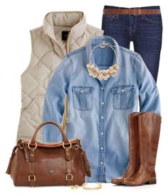 "Chambray Shirt for Fall" by immacherry ❤ liked on Polyvore featuring Current/Elliott, J.Crew, The Limited, Sole Society, Dooney & Bourke, Tory Burch and Dorothy Perkins Riding Boot Outfits, Boots Outfits, Outfits Polyvore, Shirts Ideas, Dream Style, Quilted Vest, Vest Outfits, Chambray Shirt