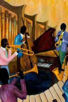 an oil painting of people playing musical instruments