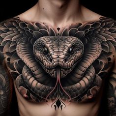 a man's chest with a snake tattoo on it, and an ornate design