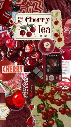 a collage of cherries, coca - cola and other items