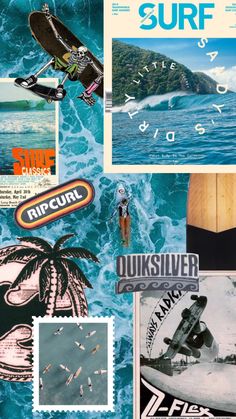 an image of various surf related items on the cover of a magazine or brochure