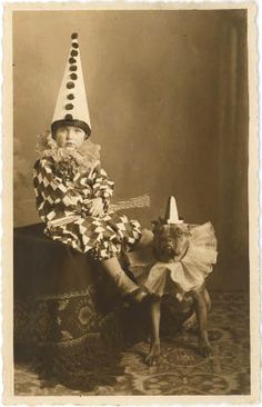 -- Pierrot Clown, Nanny Dog, Postal Vintage, A Clown, Airedale Terrier, Vintage Circus